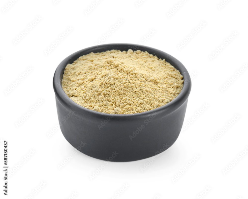 Aromatic mustard powder in bowl on white background Aromatic mustard powder in bowl on white background