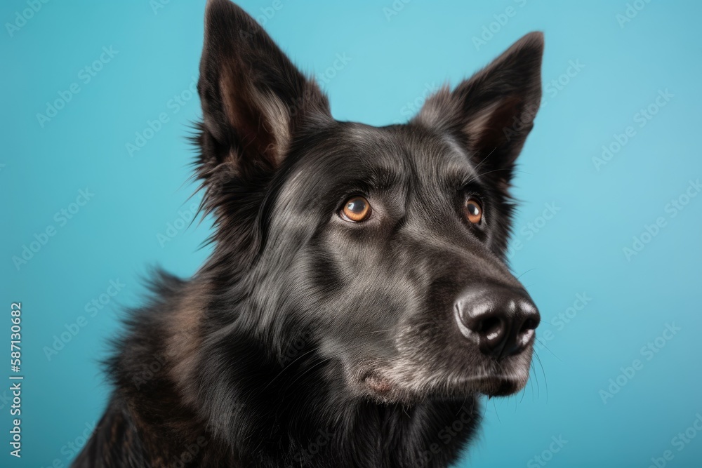 Isolated on a light blue background, a black German shepherd dog. Photographed in a studio. Generative AI