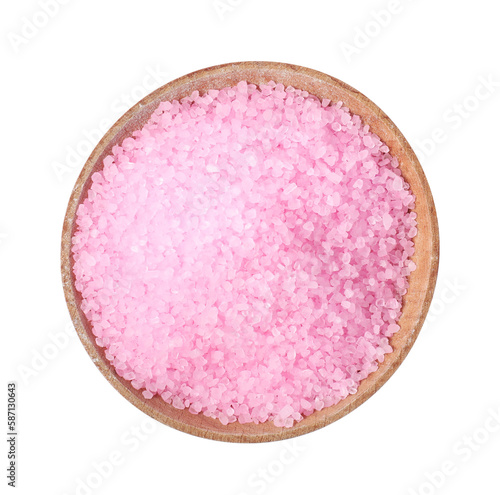Wooden bowl with pink sea salt on white background, top view