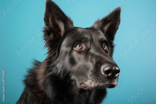 Isolated on a light blue background, a black German shepherd dog. Photographed in a studio. Generative AI