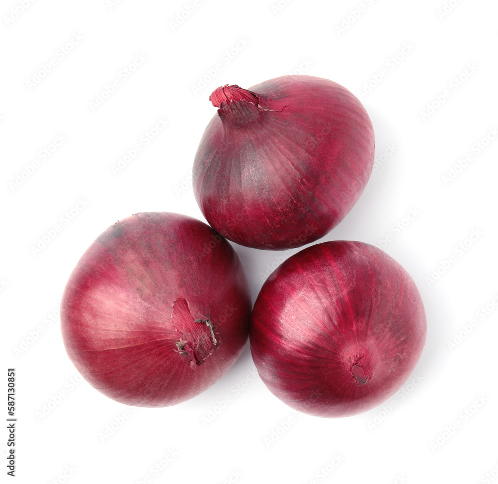 Many fresh red onions on white background, top view Many fresh red onions on white background, top view