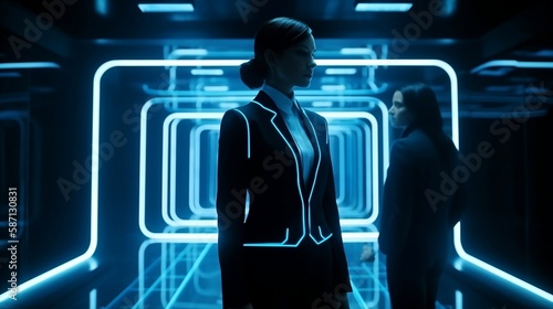 An AI-powered executive assistant standing behind a corporate executive - Generative art