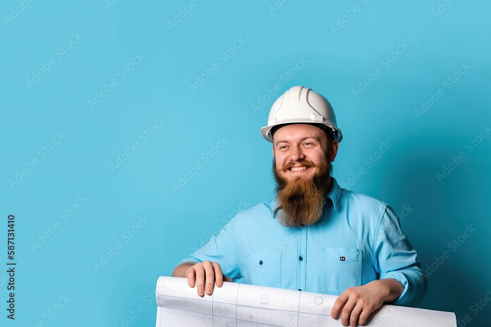 Building your dreaming house. Architect with hardhat holding blueprints on blue background with space for text. Copy space. Architecture concept AI Generative Building your dreaming house. Architect with hardhat holding blueprints on blue background with space for text. Copy space. Architecture concept AI Generative