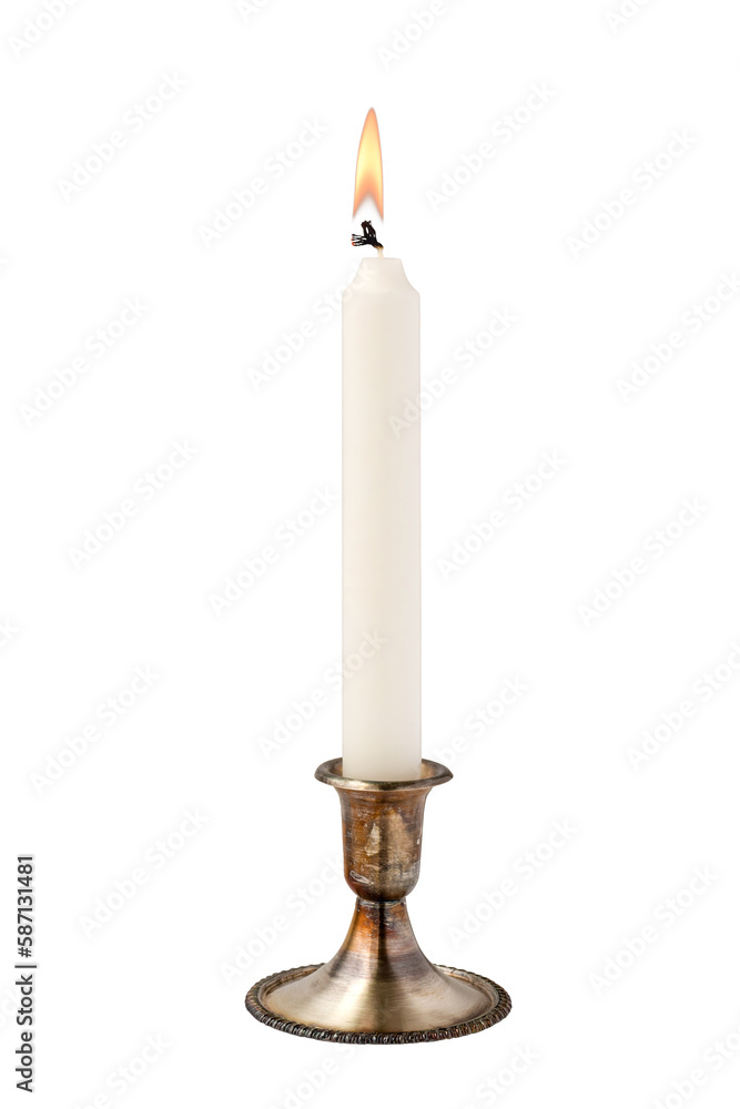 White candle in an antique silver candleholder isolated cutout on transparent White candle in an antique silver candleholder isolated cutout on transparent