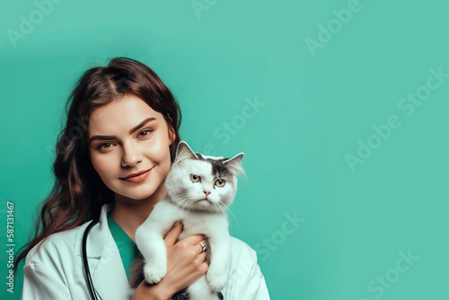 Animal health and prevention. White cat with female veterinarian on green background with space for text. Copy space. Animal healthcare concept AI Generative
