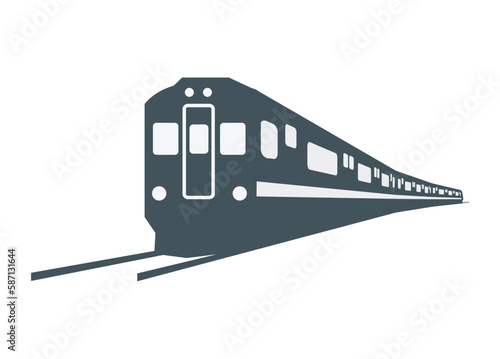 Diesel commuter train turning. Silhouette illustration in perspective view.