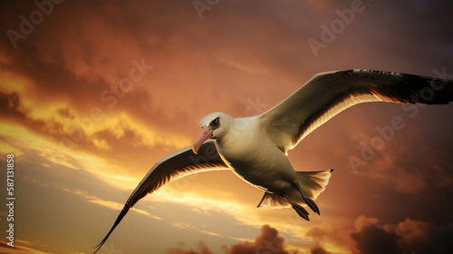 A large-winged albatross bird flying through a sunset photo