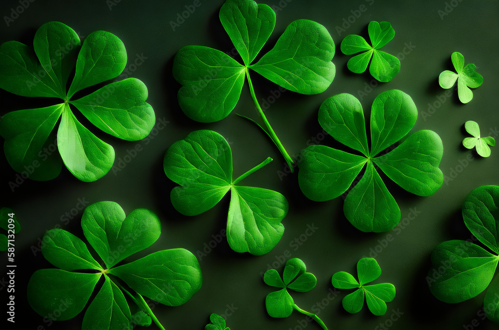 four leaf clover leaves on a dark background - Generative AI four leaf clover leaves on a dark background - Generative AI