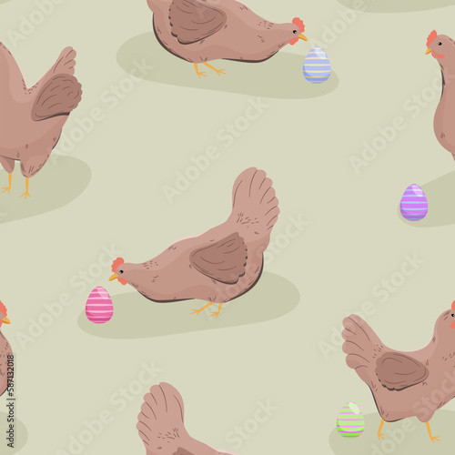 Kura i kolorowe jajka wielkanocne. Świąteczny wielkanocny wzór. Kurczaki i pisanki. Ilustracja wektorowa.