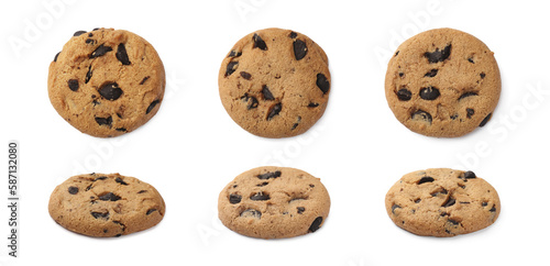 Collage of tasty chocolate chip cookies on white background, top and side views