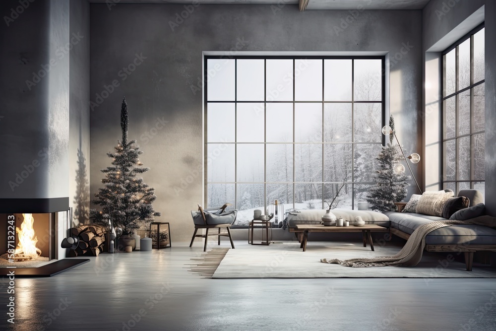 Christmas living room with tree and fireplace, panoramic windows on the ...