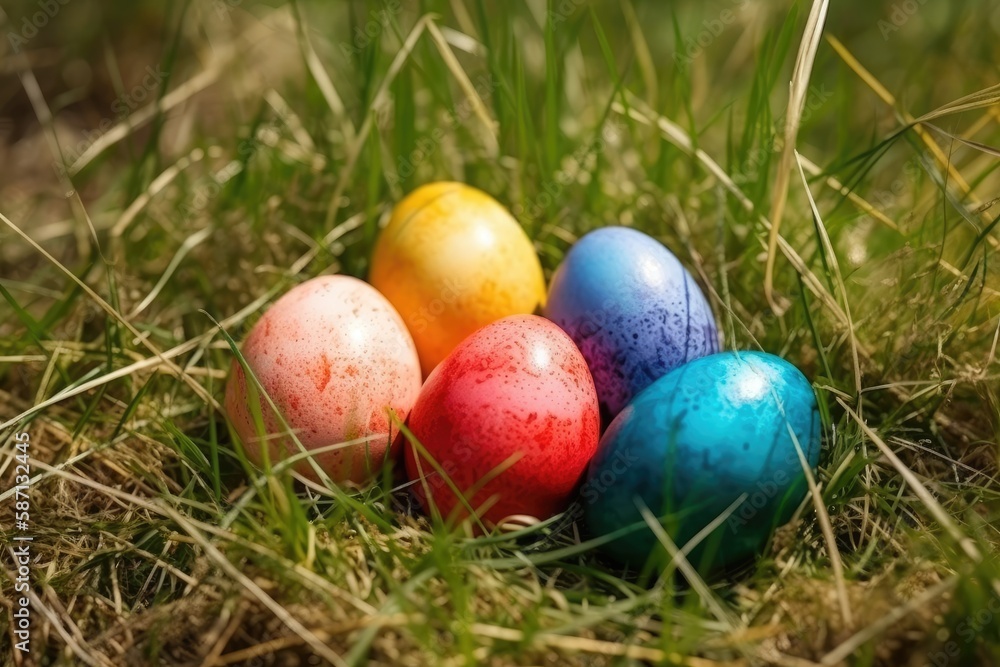 colorful Easter eggs in a grassy field. Generative AI colorful Easter eggs in a grassy field. Generative AI