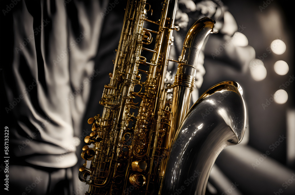 Obraz premium a saxophone is shown in black and white - Generative AI
