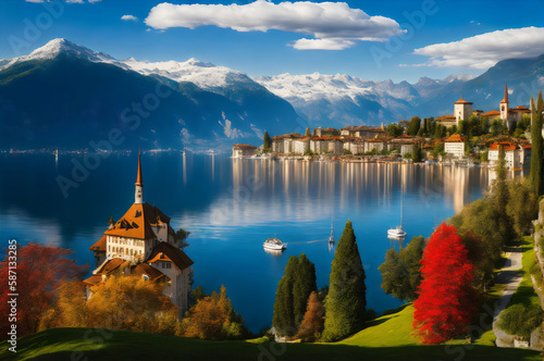 Tela a beautiful view of lake lucerne in switzerland - Generative AI
