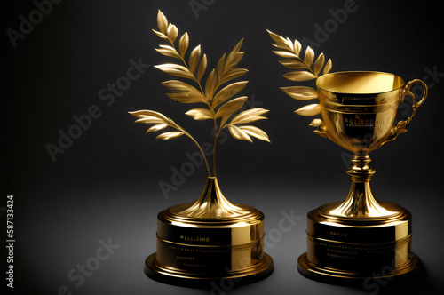 two golden trophies with leaves on them - Generative AI