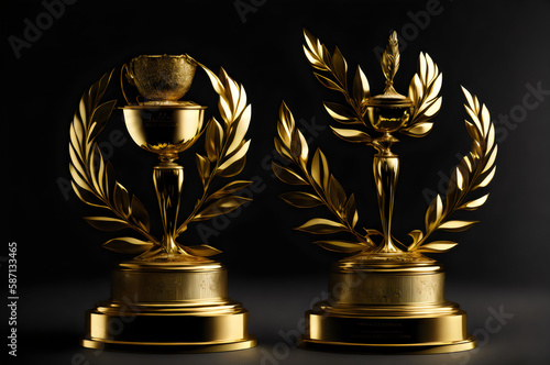 two golden trophies with a laurel wreath on top - Generative AI