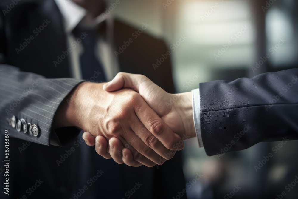 Two businessmen shake hands. Handshake deal symbol. Business concept. Contract signing. AI generated, human enhanced Two businessmen shake hands. Handshake deal symbol. Business concept. Contract signing. AI generated, human enhanced
