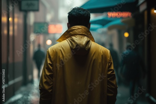 Back view man walking at rain, selective focus. AI generated, human enhanced