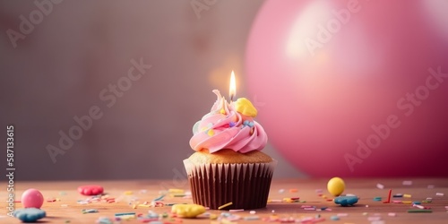 Birthday Cupcake With Candle And Pink Decoration. AI generated, human enhanced.