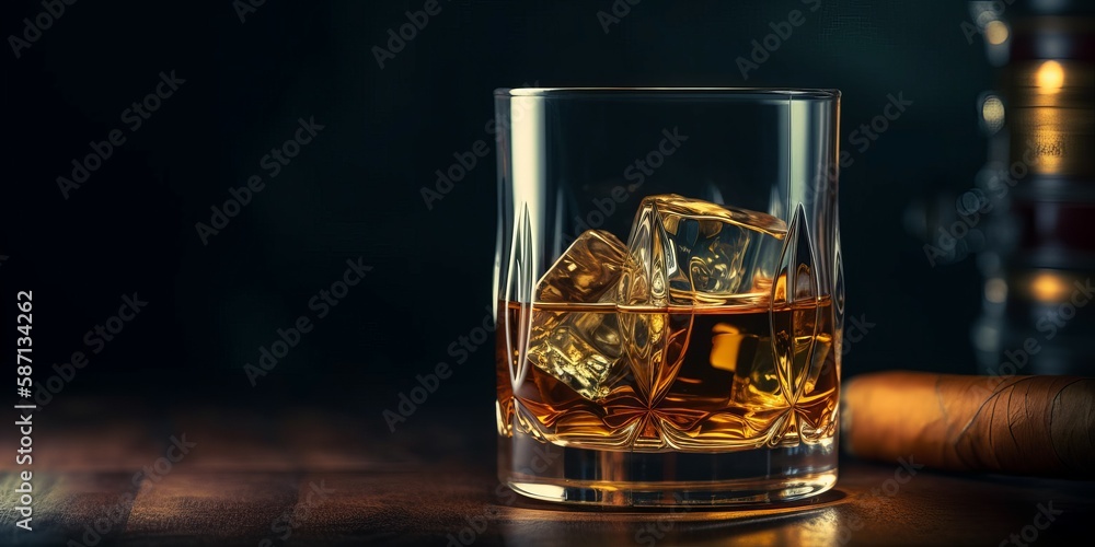 Glass of whiskey with ice on wooden table, steaming cuban cigar and bottle of whiskey. AI generated, human enhanced Glass of whiskey with ice on wooden table, steaming cuban cigar and bottle of whiskey. AI generated, human enhanced
