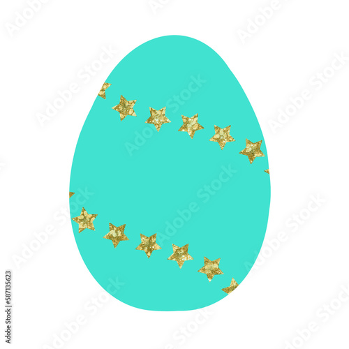 Fototapeta Naklejka Na Ścianę i Meble -  Green Blue Easter Egg with Gold Glitter Stars