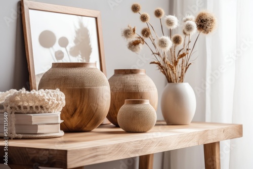Wooden table, desk, or shelf closeup with ceramic vases with cotton flowers over bohemian living room with frame mockup, boho style interior design idea,. Generative AI