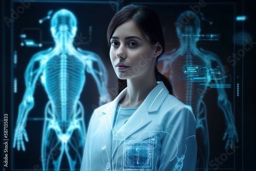 Woman doctor on the background of a hologram with infographics in a futuristic hospital. AI generated, human enhanced