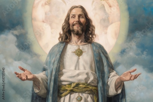 Jesus Christ with positive emotion and good mood. Painting style. AI generated, human enhanced