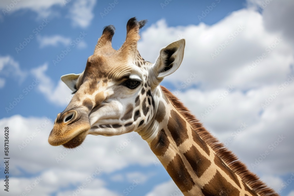 Close up of a giraffe's head with a beautiful sky in the backdrop. Generative AI