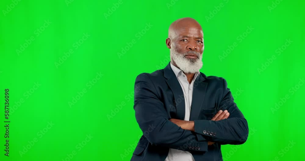 Face, serious and black man with arms crossed, green screen and ...
