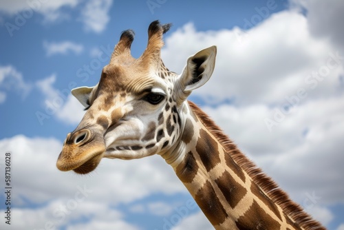 Close up of a giraffe's head with a beautiful sky in the backdrop. Generative AI