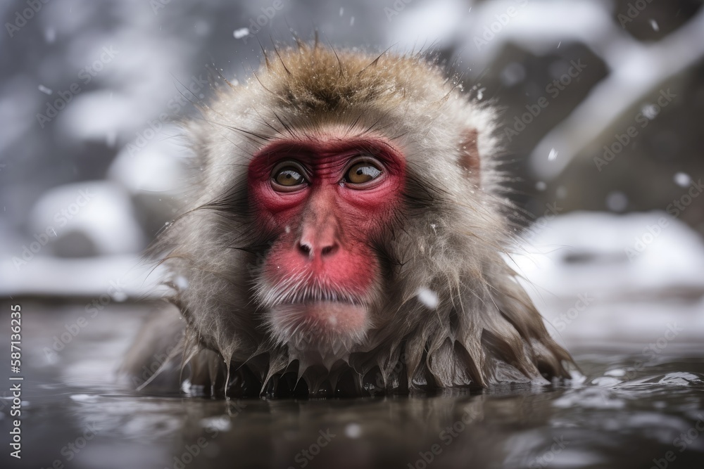 Naklejka premium A Japanese snow monkey or Macaque in Jigokudani Monkey Park, Shimotakai District, Nagano, Japan, beside a hot spring On sen. animal of the wild. Generative AI