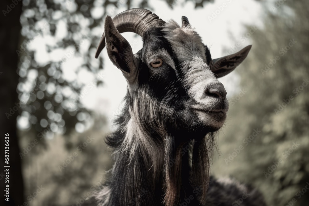A goat with strikingly enormous horns that is black and white when viewed from the side. Goat in the countryside appears content and smiling. Generative AI