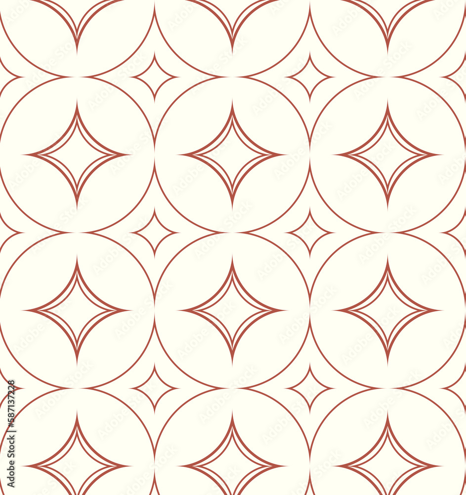 Fototapeta premium Rose Gold geometric pattern of circles on white background. Simple geo pattern. Clothing fabric print. trellis background 