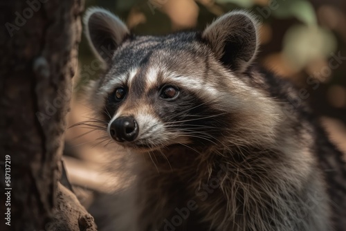 Mother racoon in the shade of a tree. Generative AI