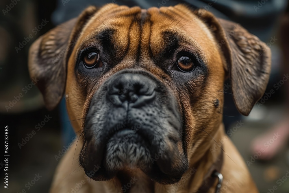 Close up portrait of a bullmastiff dog. averting one's gaze. Generative AI