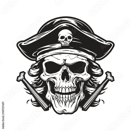 skull pirate, logo concept black and white color, hand drawn illustration