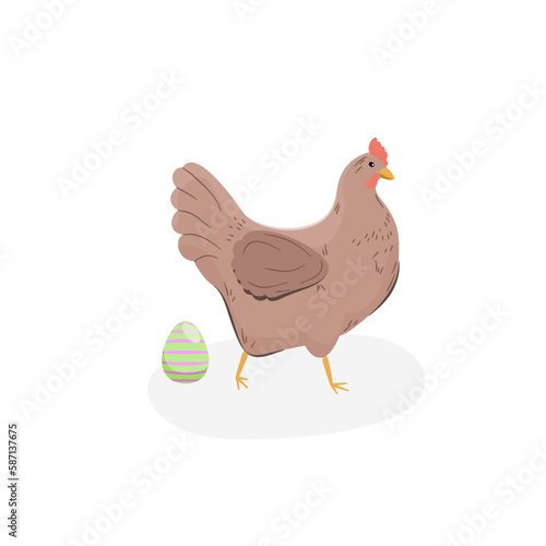 Brązowy kurczak i błyszczące jajko. Stojąca kura i wielkanocna pisanka. Element do wykorzystania w projektach. Ilustracja wektorowa.