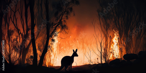 Australian wildfire with kangaroo silhouette created with generative AI