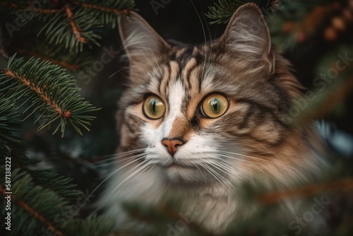 Christmas tree and cat. Generative AI