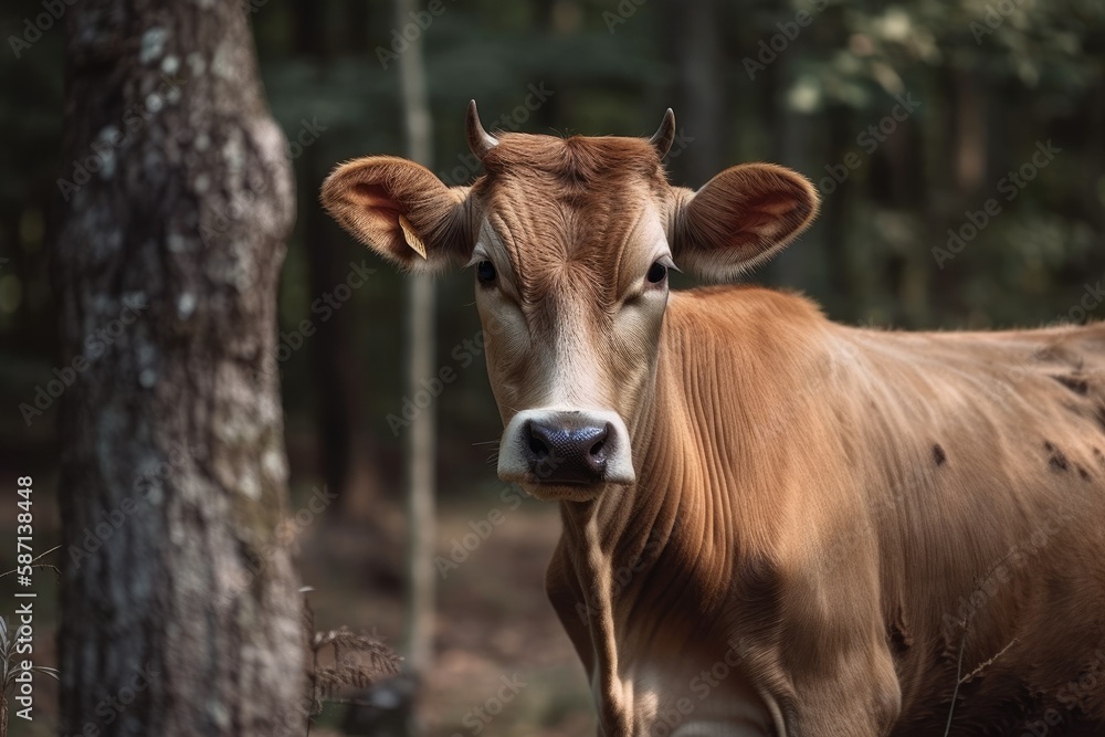 young bull in a forested area. Generative AI young bull in a forested area. Generative AI