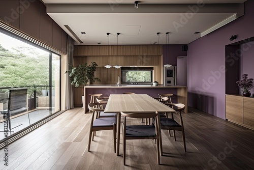 Purple toned Japanese hardwood dining and kitchen. Island, table, seats, parquet floor. Minimalist interiors. Generative AI © AkuAku