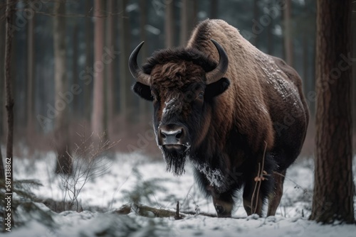The Knyszyn Forest is home to a European bison called Bison bonasus (Poland). Generative AI © AkuAku