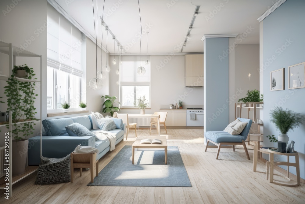 Fototapeta premium Contemporary white and blue wooden living room. Fabric couch, parquet floor, window, and decors. Japanese interiors. Generative AI