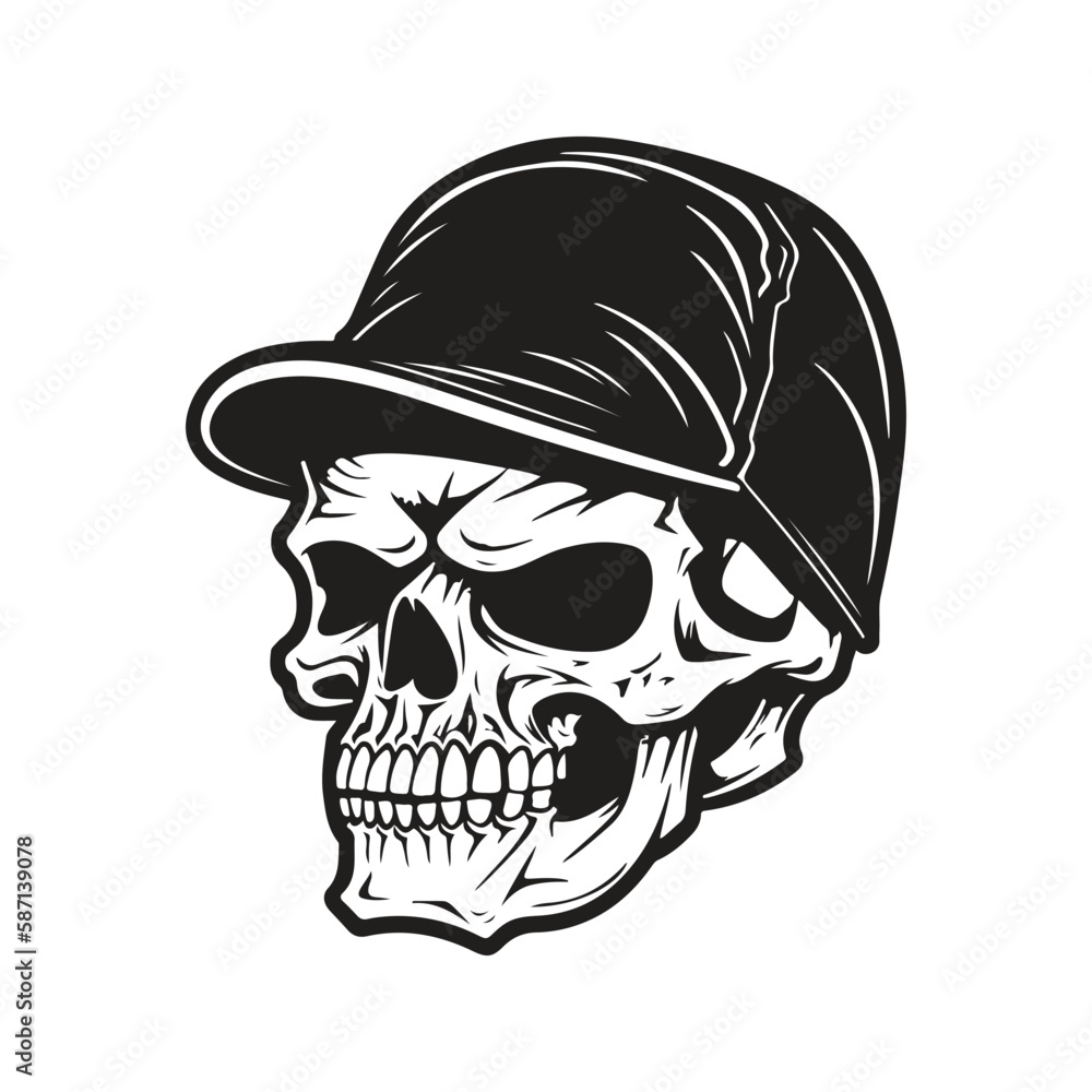 skull with cap, logo concept black and white color, hand drawn illustration skull with cap, logo concept black and white color, hand drawn illustration