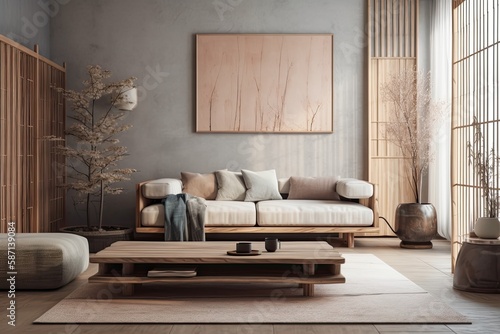 Japandi living room with plaster wall. Macrame wall art and minimalist fabric couch. Wabi sabi decor . Generative AI