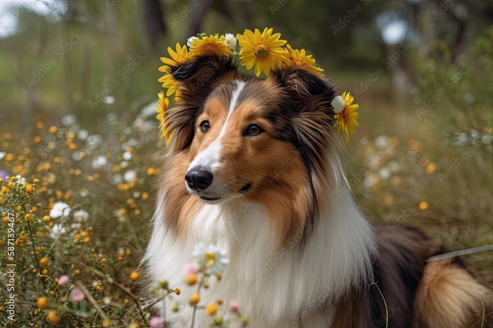 Beautiful sheltie image of a sable white Shetland sheepdog wearing a floral wreath on a warm summer day. Little collie dog with fur and a lassie face. Generative AI