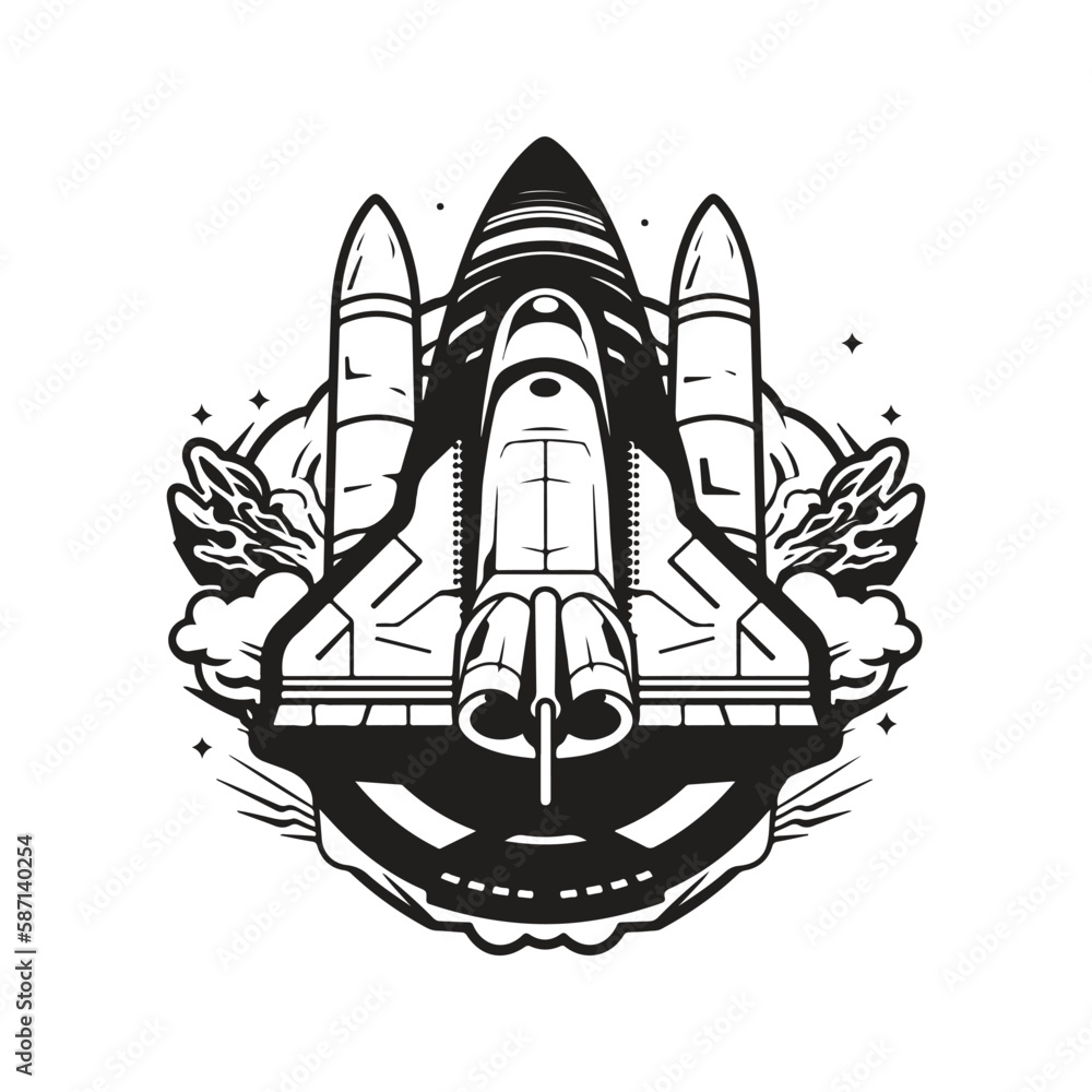 spaceship, logo concept black and white color, hand drawn illustration