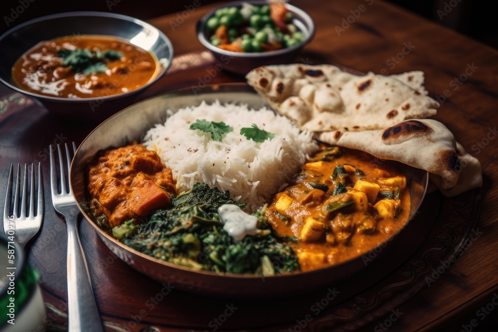 Selective focus includes Paneer Butter Masala, Dal Makhani, Palak Paneer, Roti, and rice as part of the group's main course of Indian cuisine. Generative AI