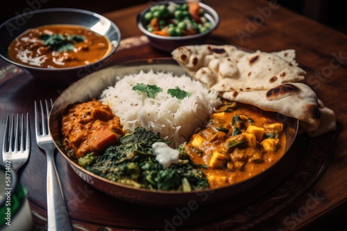 Selective focus includes Paneer Butter Masala  Dal Makhani  Palak Paneer  Roti  and rice as part of the group s main course of Indian cuisine. Generative AI